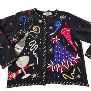 VTG Celebration Cardigan Sweater Champagne New Years 4th of July Medium Party